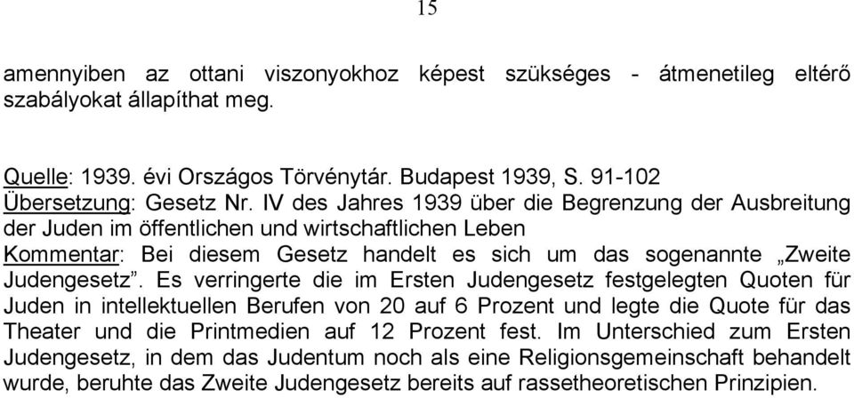 Es verringerte die im Ersten Judengesetz festgelegten Quoten für Juden in intellektuellen Berufen von 20 auf 6 Prozent und legte die Quote für das Theater und die Printmedien auf 12 Prozent