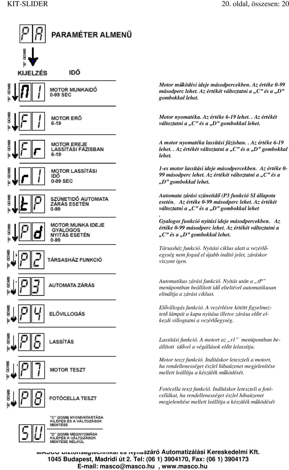 Az értéke 0-99 másodperc lehet. Az értékét változtatni a C és a D gombokkal lehet. Automata zárási szünetid (P3 funkció SI állapota esetén. Az értéke 0-99 másodperc lehet.