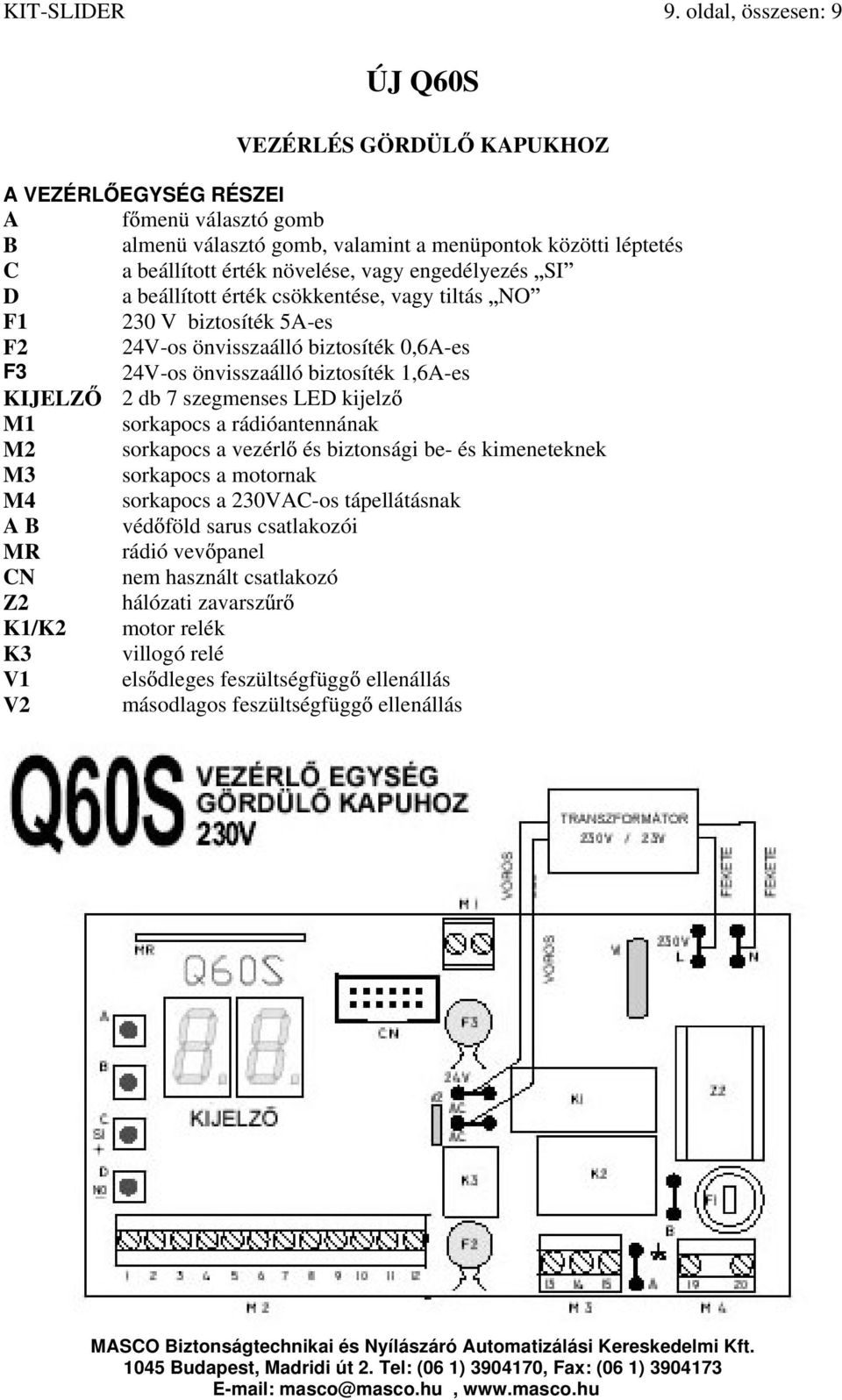 menüpontok közötti léptetés a beállított érték növelése, vagy engedélyezés SI a beállított érték csökkentése, vagy tiltás NO 230 V biztosíték 5A-es 24V-os önvisszaálló biztosíték 0,6A-es 24V-os