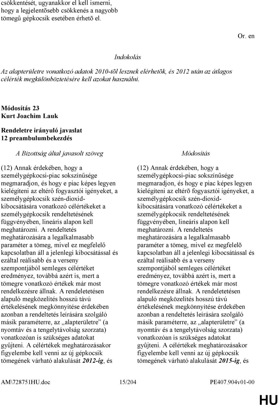 23 Kurt Joachim Lauk 12 preambulumbekezdés (12) Annak érdekében, hogy a személygépkocsi-piac sokszínűsége megmaradjon, és hogy e piac képes legyen kielégíteni az eltérő fogyasztói igényeket, a