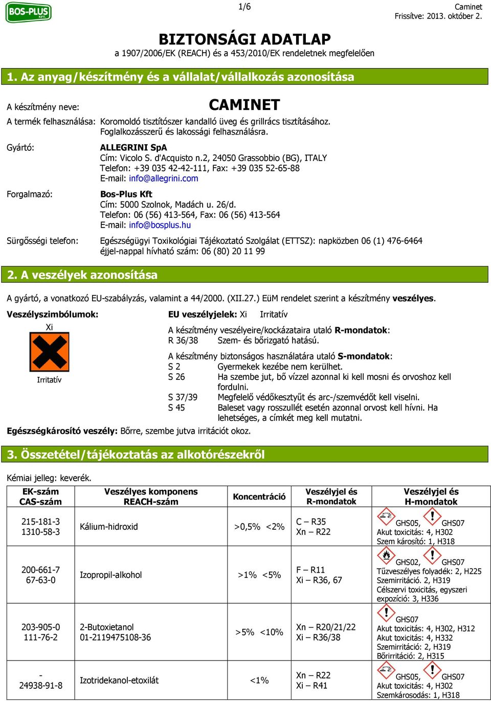 Foglalkozásszerű és lakossági felhasználásra. Gyártó: Forgalmazó: ALLEGRINI SpA Cím: Vicolo S. d'acquisto n.