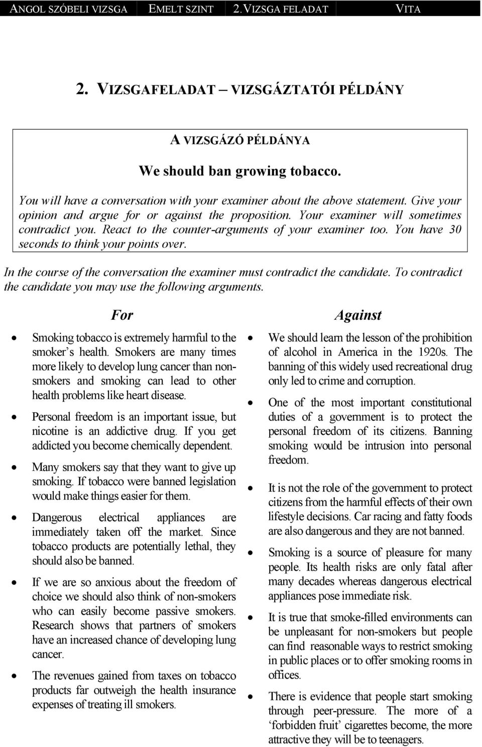 You have 30 seconds to think your points over. In the course of the conversation the examiner must contradict the candidate. To contradict the candidate you may use the following arguments.