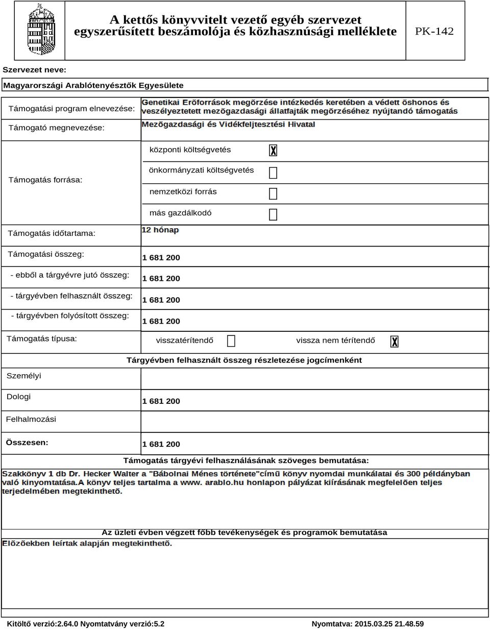 típusa: 1 681 200 1 681 200 1 681 200 1 681 200 visszatérítendő vissza nem térítendő Tárgyévben felhasznált összeg részletezése jogcímenként Személyi Dologi