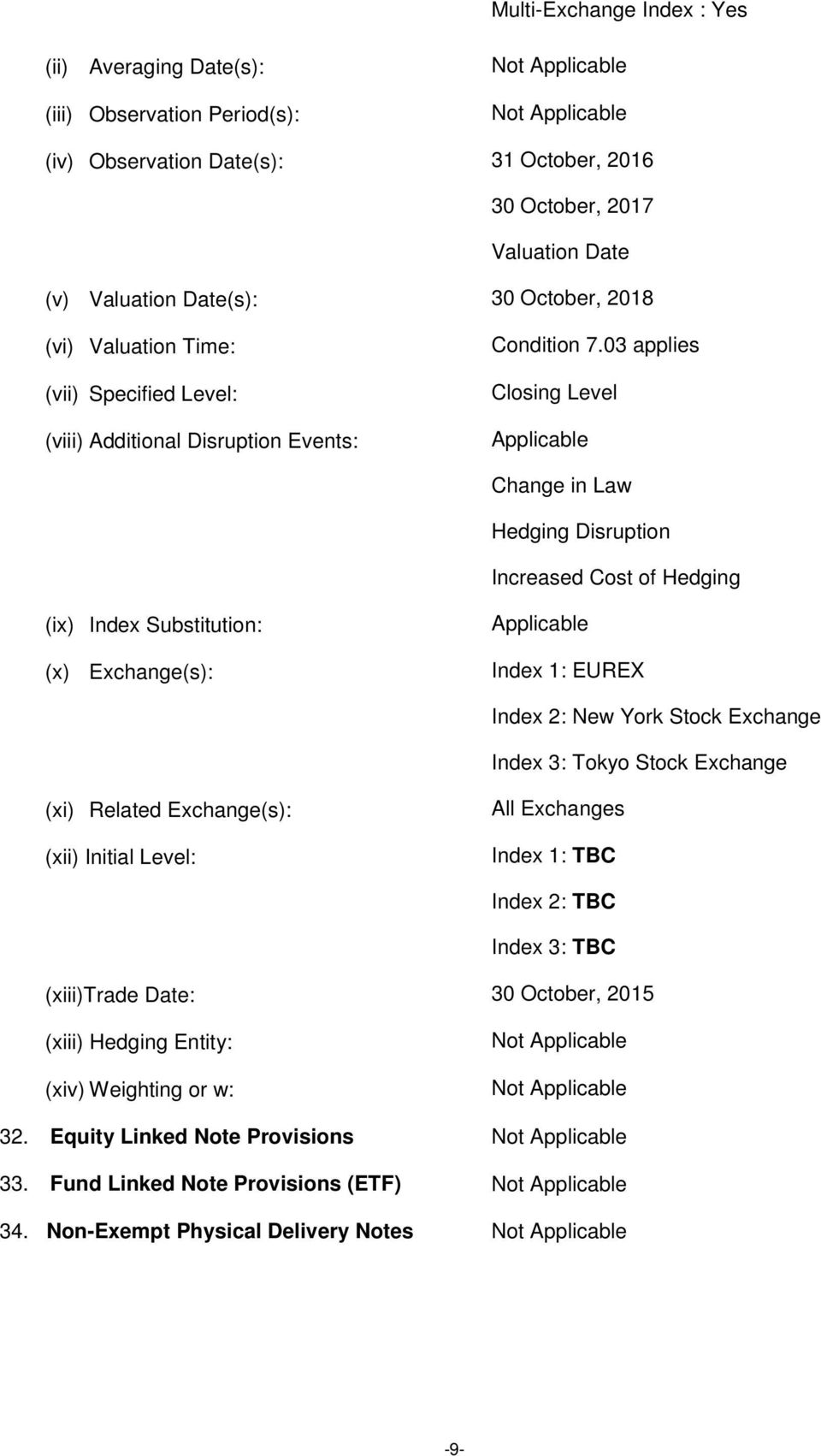 03 applies Closing Level Applicable Change in Law Hedging Disruption Increased Cost of Hedging (ix) Index Substitution: (x) Exchange(s): Applicable Index 1: EUREX Index 2: New York Stock Exchange