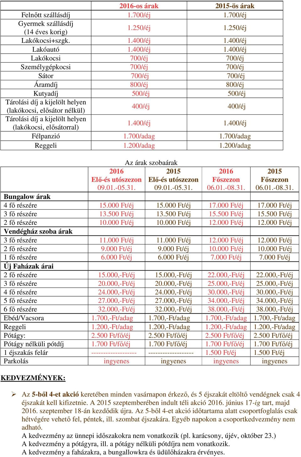 400/éj Lakókocsi 700/éj 700/éj Személygépkocsi 700/éj 700/éj Sátor 700/éj 700/éj Áramdíj 800/éj 800/éj Kutyadíj 500/éj 500/éj Tárolási díj a kijelölt helyen (lakókocsi, elősátor nélkül) 400/éj 400/éj