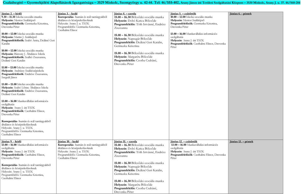 Szakképző Programfelelősök: Szabó Anita, Deákné Geri Katalin 10.00 12.00 Iskolai szociális munka Helyszín: Bársony J. Általános Iskola Programfelelősök: Szalkó, Deákné Geri Katalin 11.00 13.