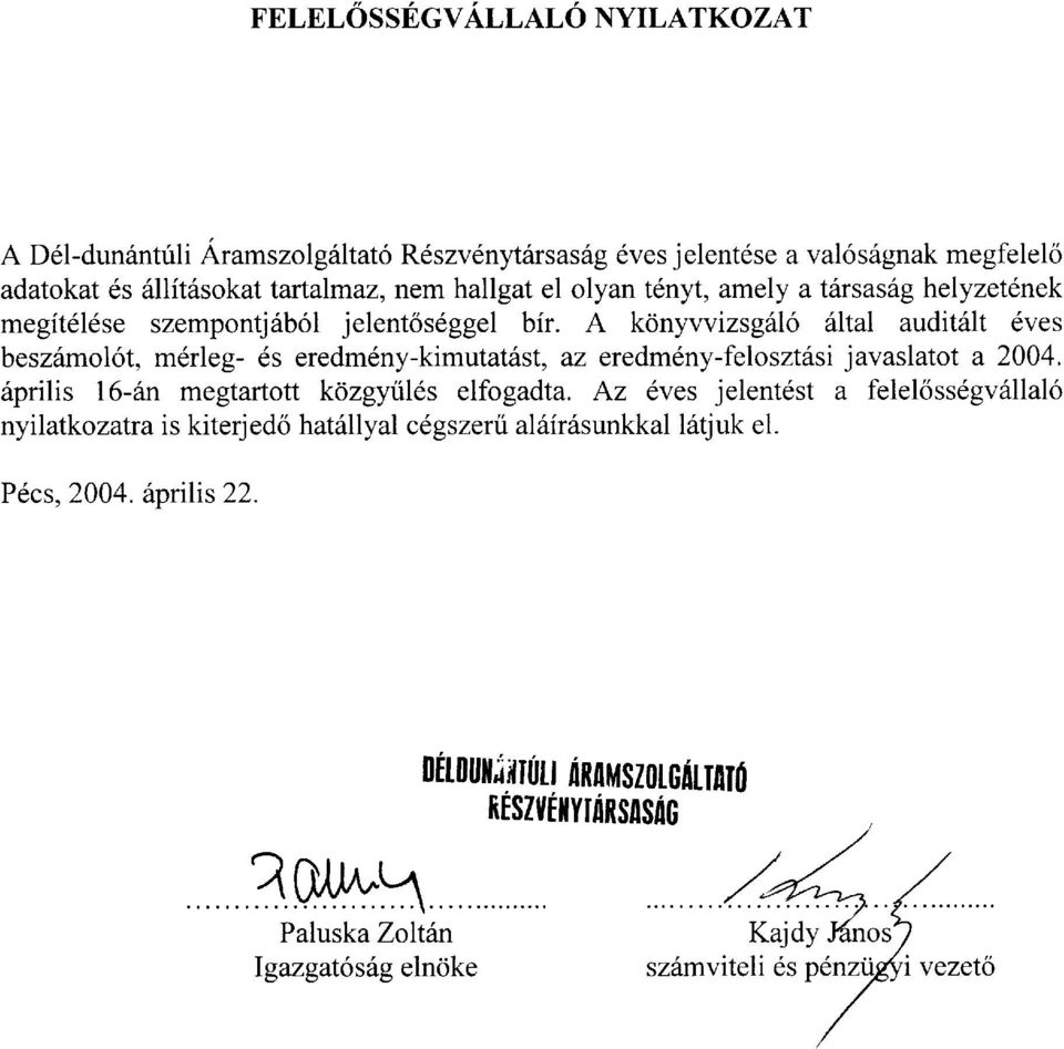 A kdnyvvizsgfio iital audit6lt dves besz6mol6t, m6rleg- 6s eredmdny-kimutatdsl, az eredmdny-feloszt6si javaslatot a 2004.