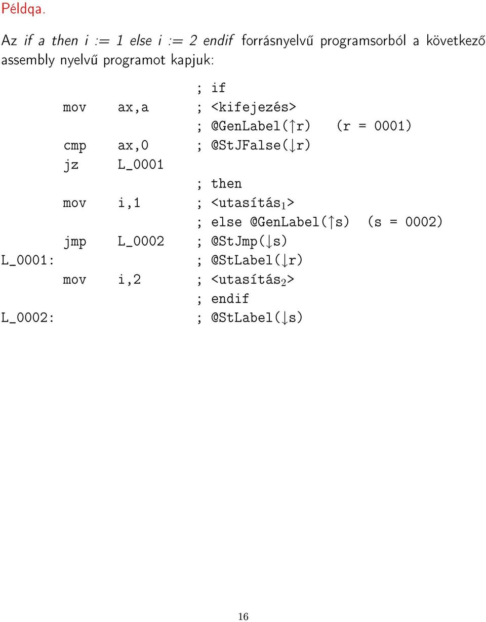 programot kapjuk: L_0001: L_0002: ; if mov ax,a ; <kifejezés> ; @GenLabel( r) (r = 0001) cmp