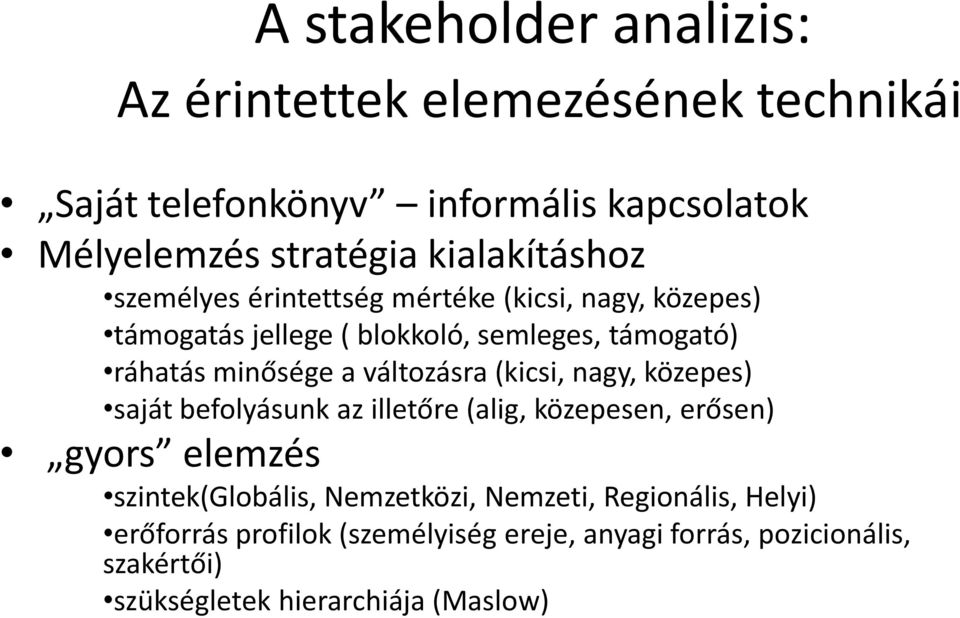 a változásra (kicsi, nagy, közepes) saját befolyásunk az illetőre (alig, közepesen, erősen) gyors elemzés szintek(globális,