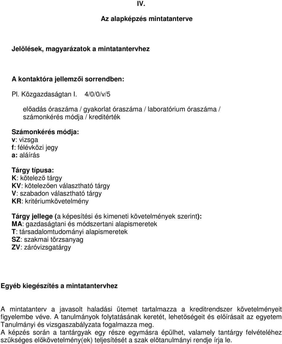 kötelezően választható tárgy V: szabadon választható tárgy KR: kritériumkövetelmény Tárgy jellege (a képesítési és kimeneti követelmények szerint): MA: gazdaságtani és módszertani alapismeretek T: