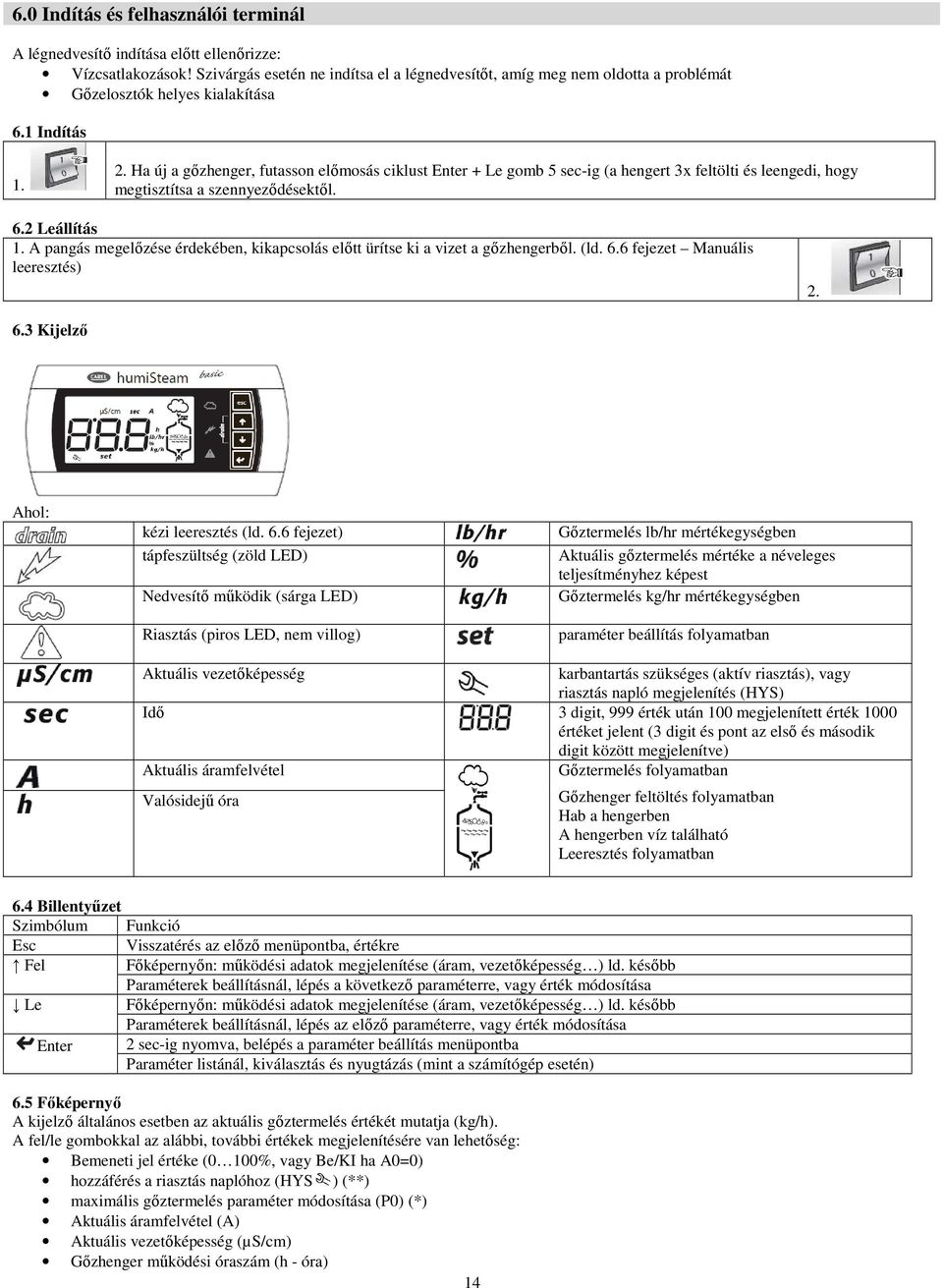 Ha új a gőzhenger, futasson előmosás ciklust Enter + Le gomb 5 sec-ig (a hengert 3x feltölti és leengedi, hogy megtisztítsa a szennyeződésektől. 6.2 Leállítás 1.