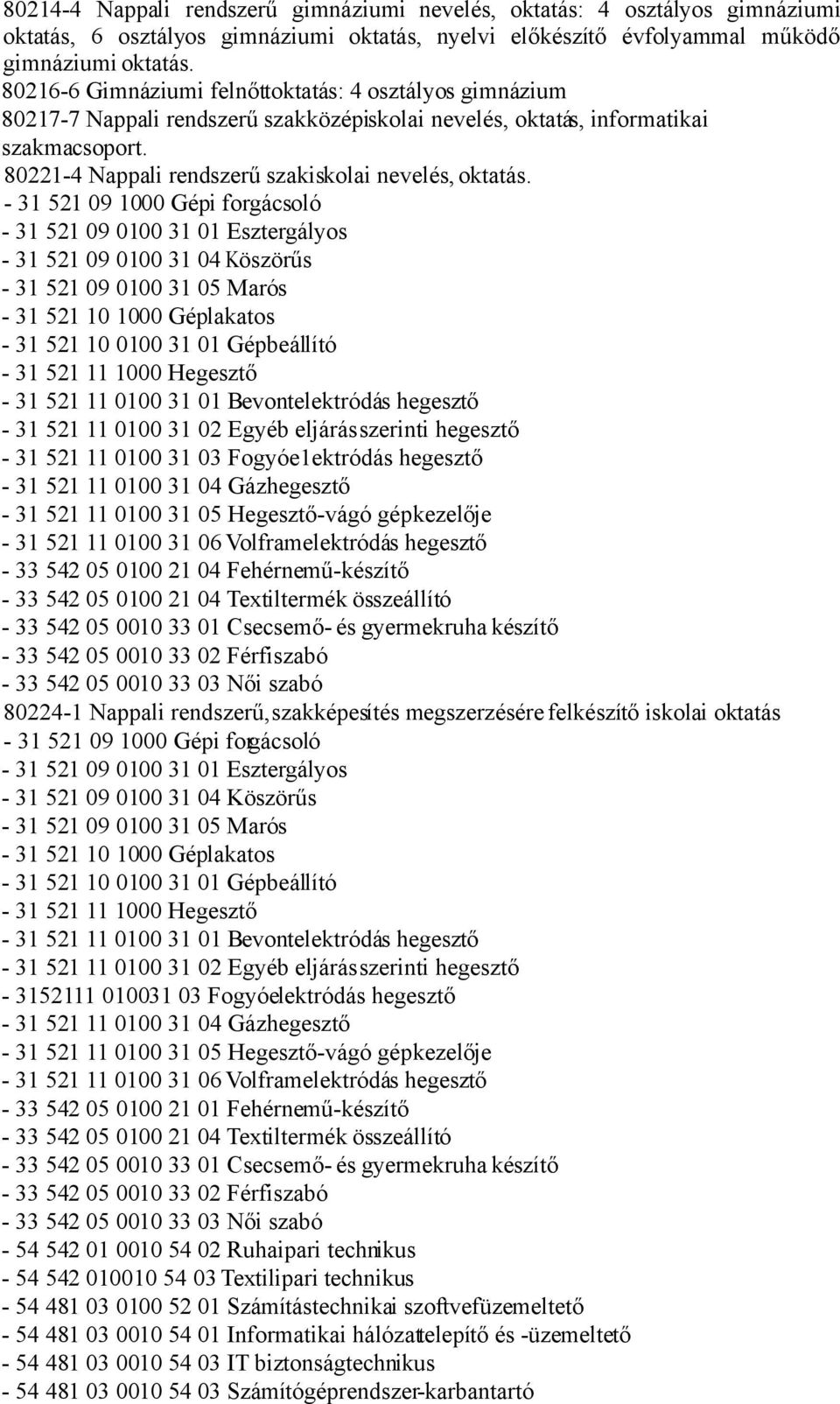 80221-4 Nappali rendszerű szakiskolai nevelés, oktatás.