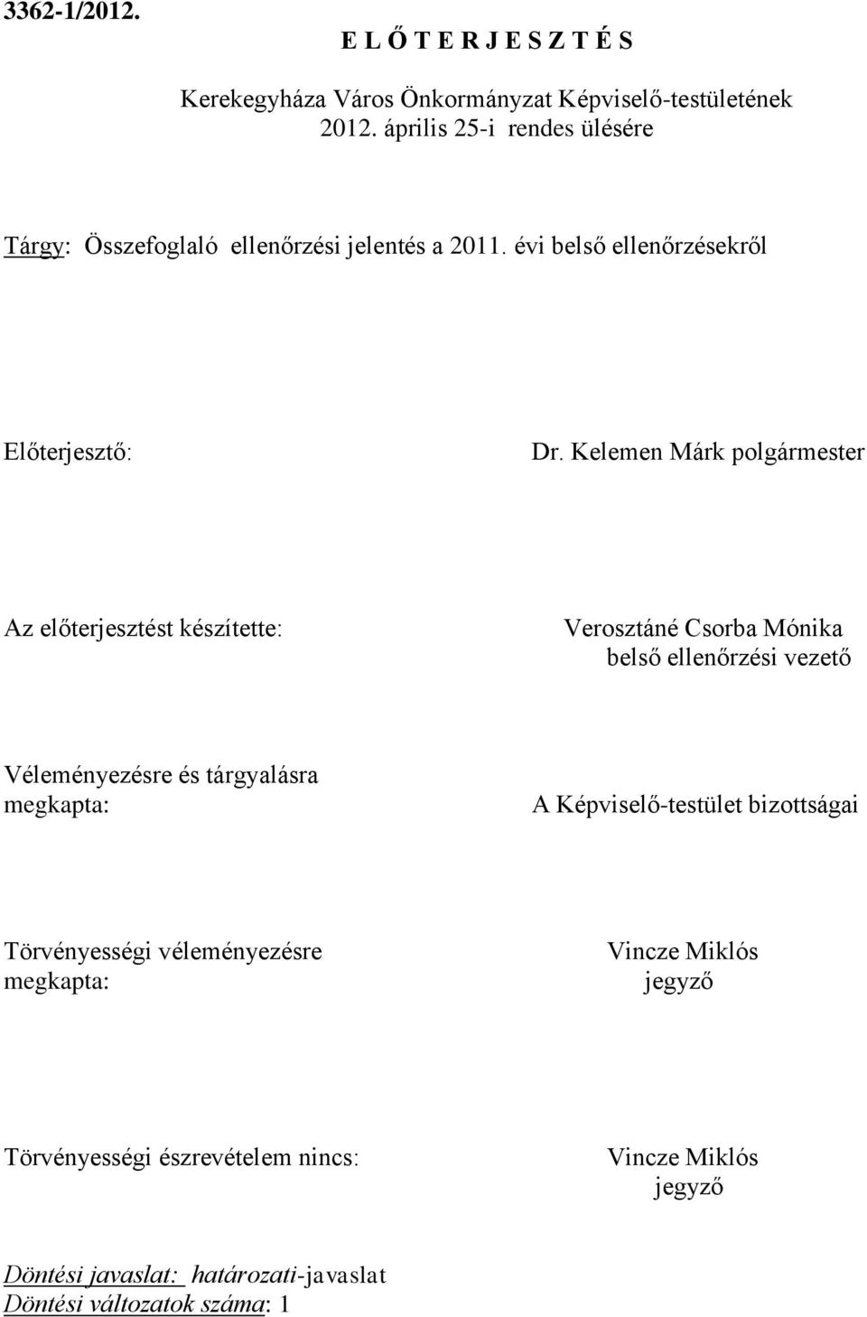 Kelemen Márk polgármester Az előterjesztést készítette: Verosztáné Csorba Mónika belső ellenőrzési vezető Véleményezésre és tárgyalásra