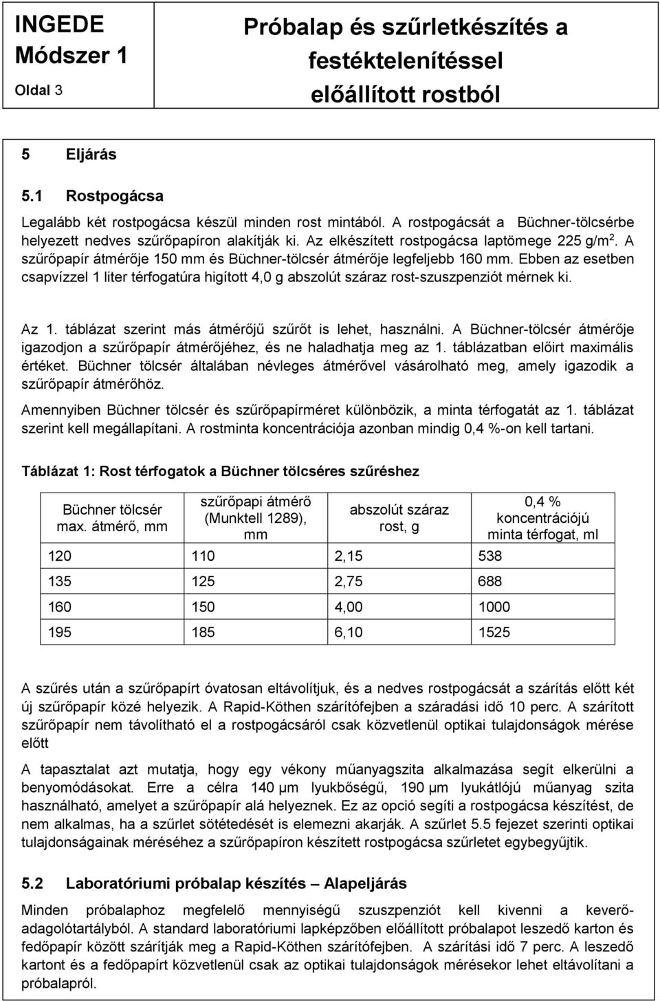 Ebben az esetben csapvízzel 1 liter térfogatúra higított 4,0 g abszolút száraz rost-szuszpenziót mérnek ki. Az 1. táblázat szerint más átmérőjű szűrőt is lehet, használni.