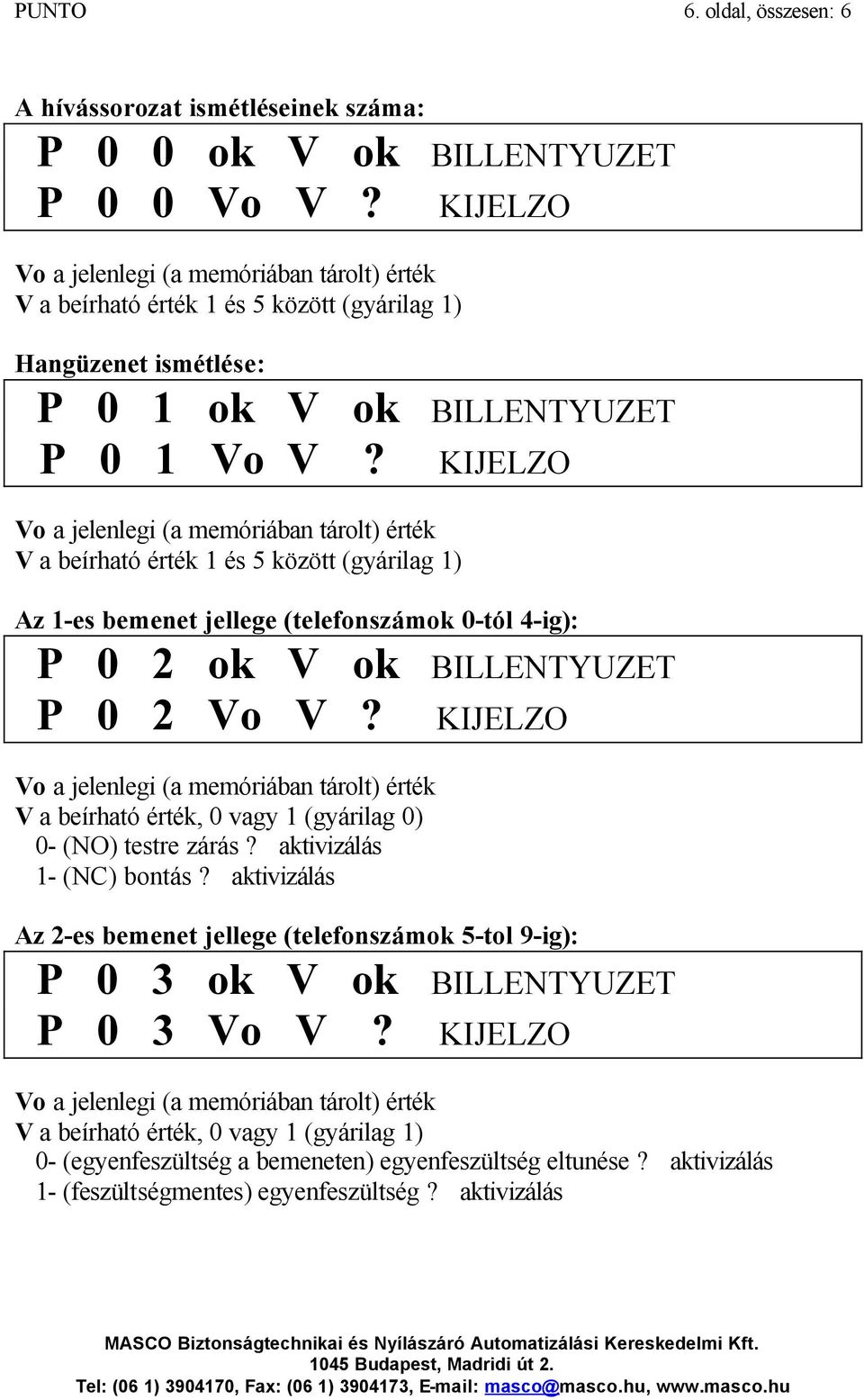 KIJELZO V a beírható érték 1 és 5 között (gyárilag 1) Az 1-es bemenet jellege (telefonszámok 0-tól 4-ig): P 0 2 ok V ok BILLENTYUZET P 0 2 Vo V?