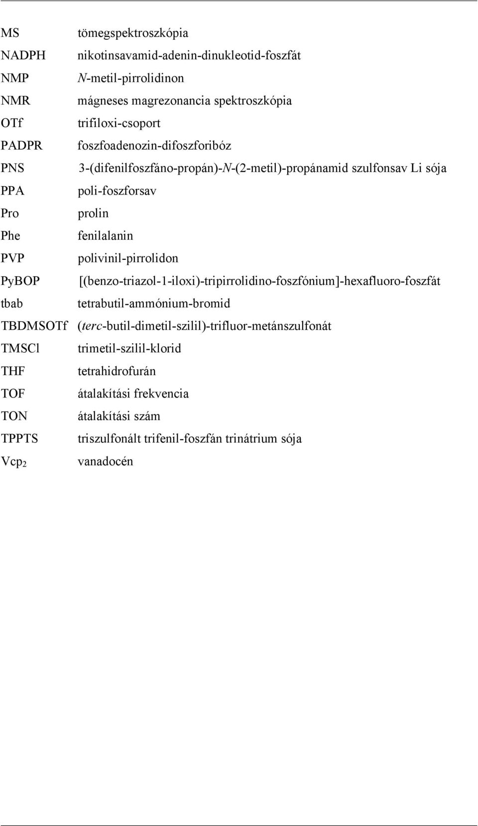 polivinil-pirrolidon PyBP [(benzo-triazol-1-iloxi)-tripirrolidino-foszfónium]-hexafluoro-foszfát tbab tetrabutil-ammónium-bromid TBDMSTf