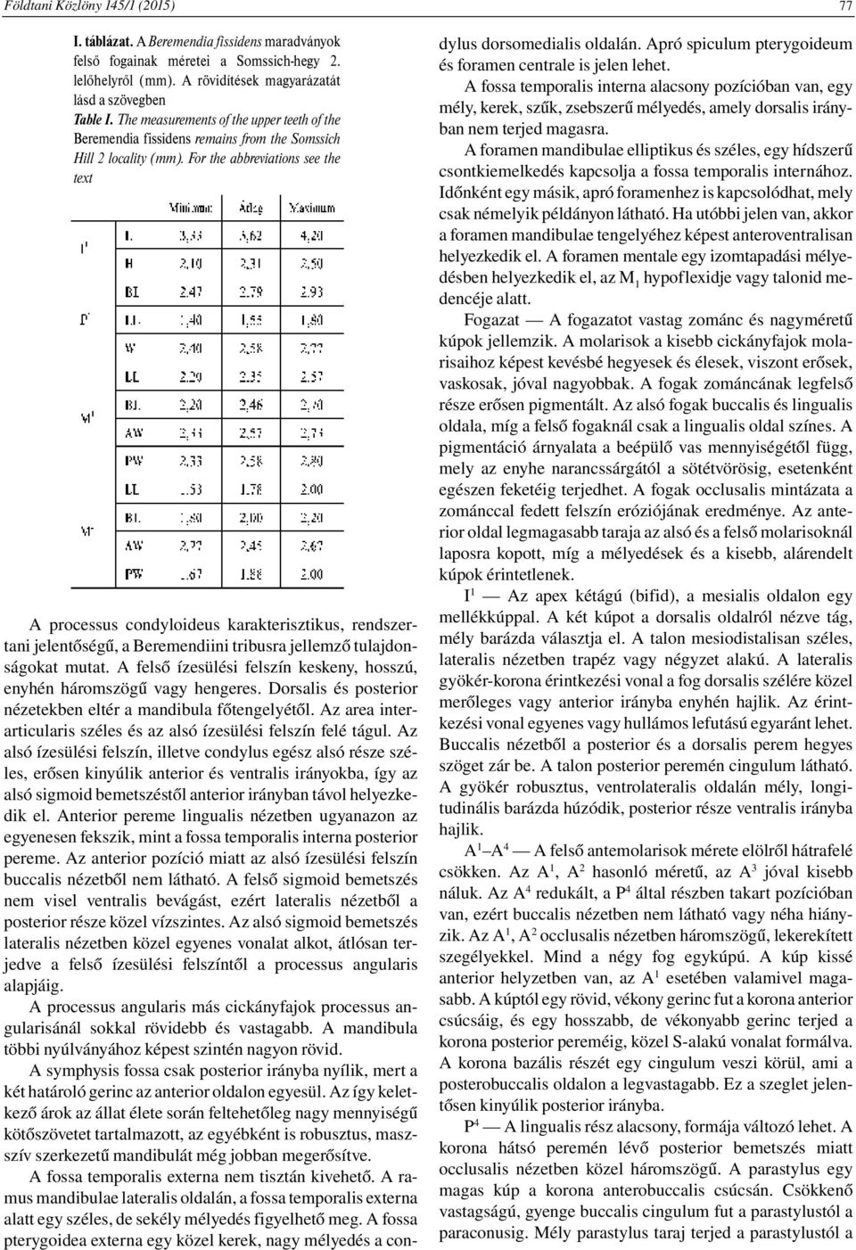 For the abbreviations see the text A processus condyloideus karakterisztikus, rendszer - tani jelentőségű, a Beremendiini tribusra jellemző tulajdon - ságokat mutat.