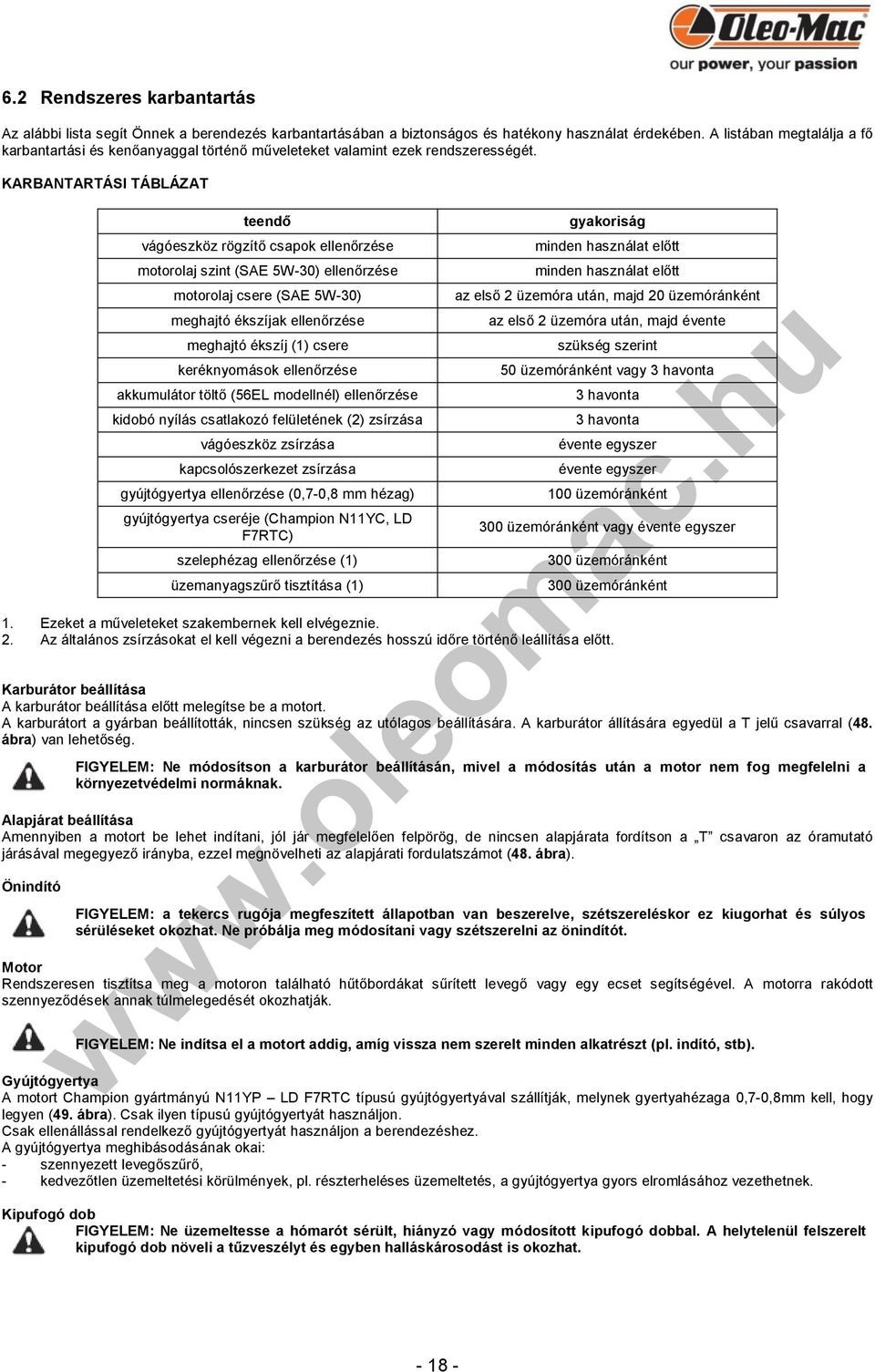 KARBANTARTÁSI TÁBLÁZAT teendő vágóeszköz rögzítő csapok ellenőrzése motorolaj szint (SAE 5W-30) ellenőrzése motorolaj csere (SAE 5W-30) meghajtó ékszíjak ellenőrzése meghajtó ékszíj (1) csere