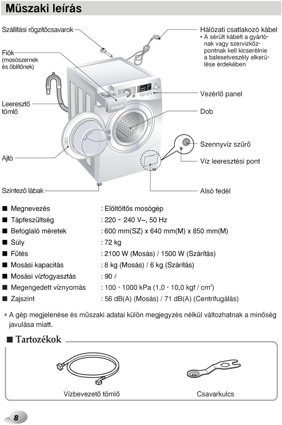 vízfogyasztás : ElöltöltŒs mosógép : 220 240 V~, 50 Hz : 600 mm(sz) x 640 mm(m) x 850 mm(m) : 72 kg : 2100 W (Mosás) / 1500 W (Szárítás) : 8 kg (Mosás) / 6 kg (Szárítás) : 90 l Megengedett víznyomás