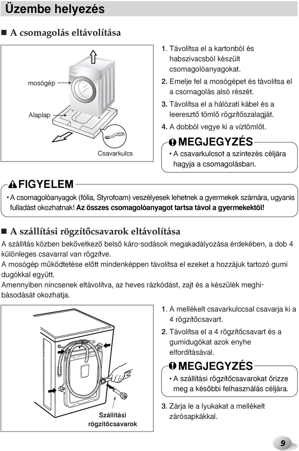 MEGJEGYZÉS A csavarkulcsot a szintezés céljára hagyja a csomagolásban. FIGYELEM A csomagolóanyagok (fólia, Styrofoam) veszélyesek lehetnek a gyermekek számára, ugyanis fulladást okozhatnak!