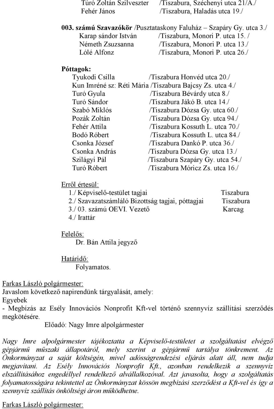 / Kun Imréné sz: Réti Mária /Tiszabura Bajcsy Zs. utca 4./ Turó Gyula /Tiszabura Bévárdy utca 8./ Turó Sándor /Tiszabura Jákó B. utca 14./ Szabó Miklós /Tiszabura Dózsa Gy. utca 60.