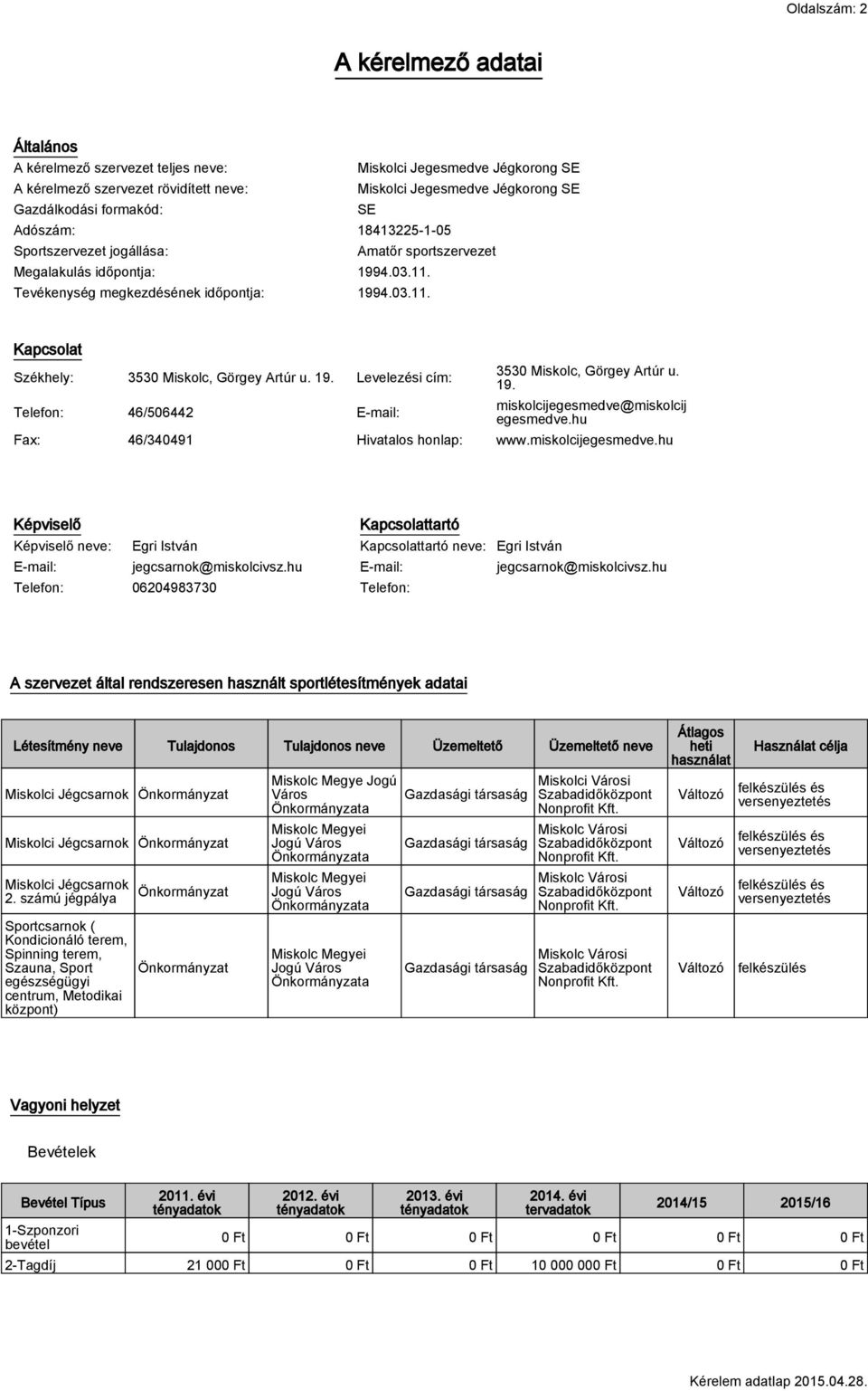 19. Levelezési cím: Telefon: 46/506442 E-mail: 3530 Miskolc, Görgey Artúr u. 19. miskolcijegesmedve@