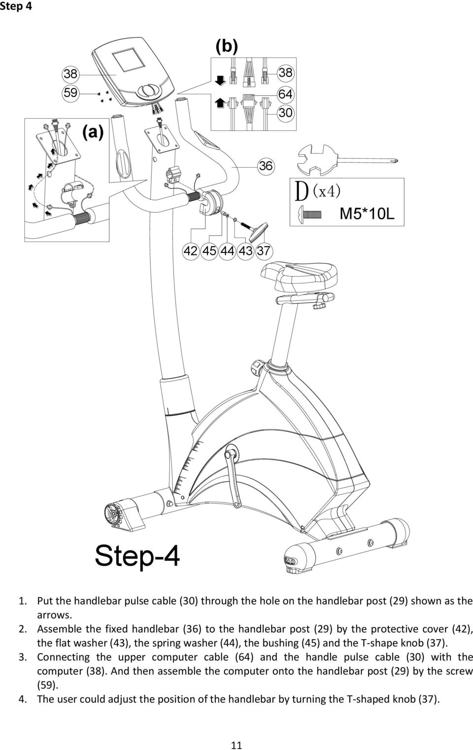 Assemble the fixed handlebar (36) to the handlebar post (29) by the protective cover (42), the flat washer (43), the spring washer (44), the bushing (45)