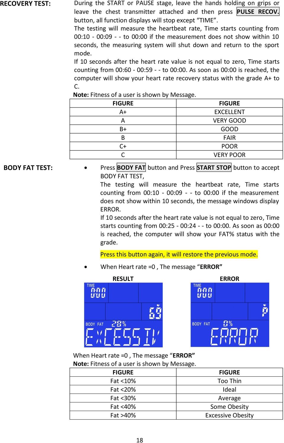 The testing will measure the heartbeat rate, Time starts counting from 00:10-00:09 - - to 00:00 if the measurement does not show within 10 seconds, the measuring system will shut down and return to