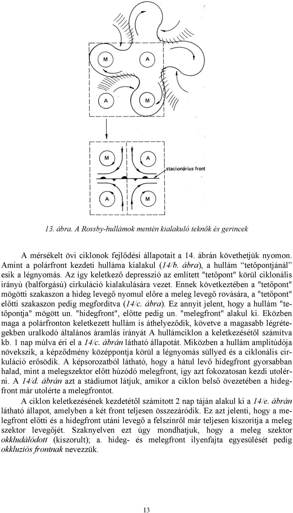 Ennek következtében a "tetőpont" mögötti szakaszon a hideg levegő nyomul előre a meleg levegő rovására, a "tetőpont" előtti szakaszon pedig megfordítva (14/c. ábra).