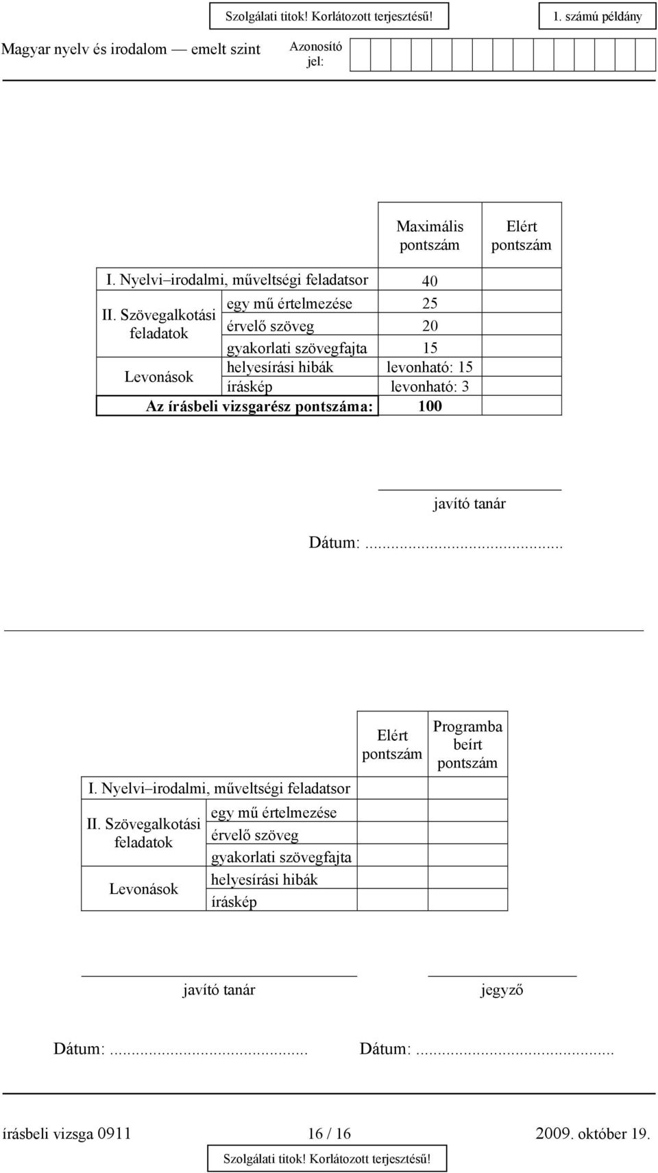 pontszáma: 100 javító tanár Dátum:... I. Nyelvi irodalmi, műveltségi feladatsor II.