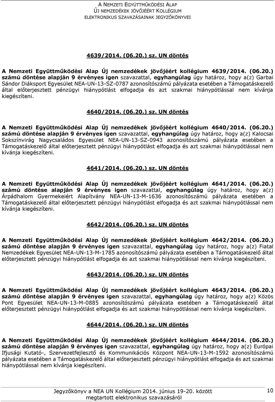 (06.20.) sz. UN döntés A Nemzeti Együttműködési Alap Új nemzedékek jövőjéért kollégium 4641/2014. (06.20.) Árpádhalom Gyermekeiért Alapítvány NEA-UN-13-M-1636 azonosítószámú pályázata esetében a 4642/2014.