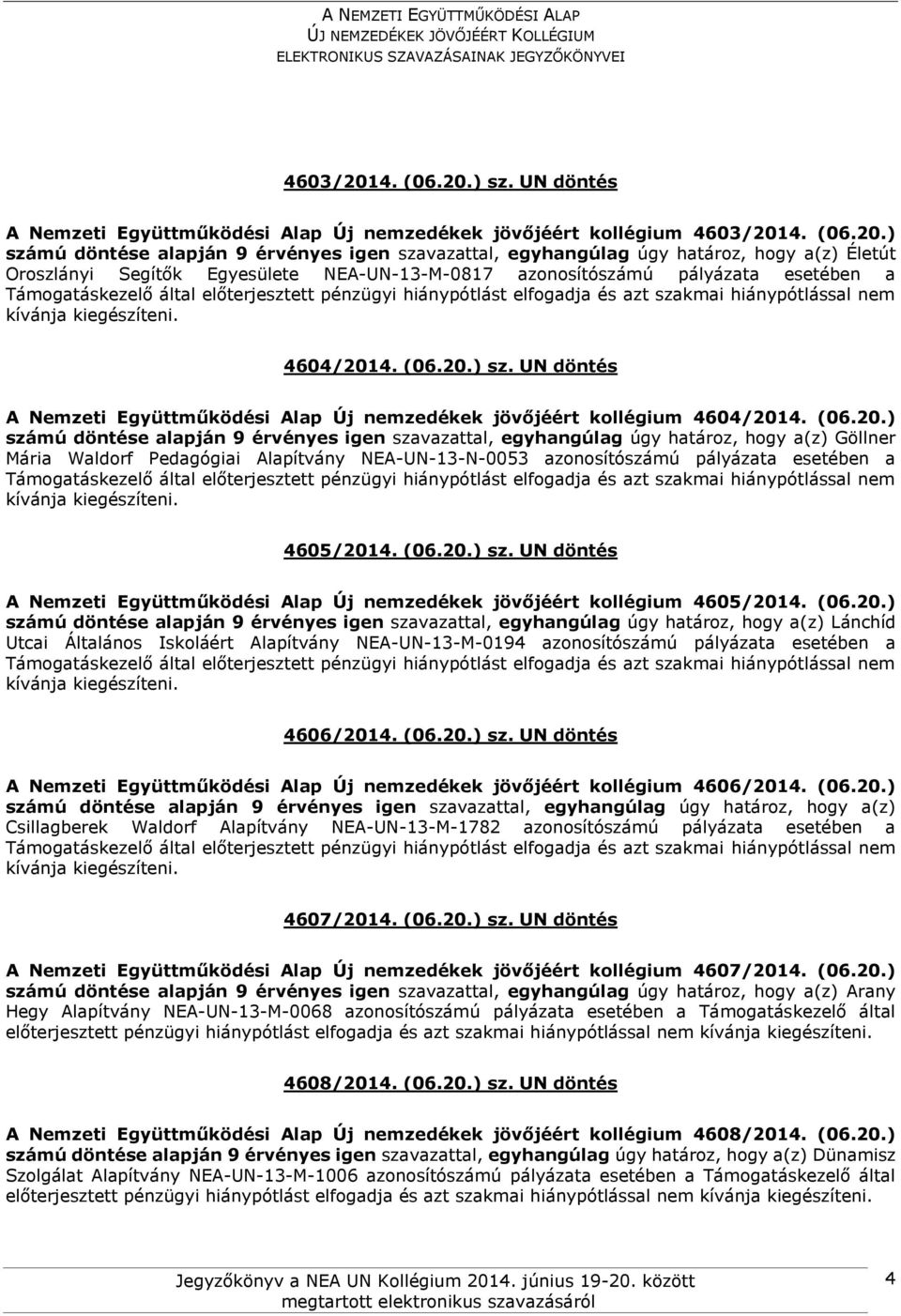 (06.20.) sz. UN döntés A Nemzeti Együttműködési Alap Új nemzedékek jövőjéért kollégium 4605/2014. (06.20.) Lánchíd Utcai Általános Iskoláért Alapítvány NEA-UN-13-M-0194 azonosítószámú pályázata esetében a 4606/2014.