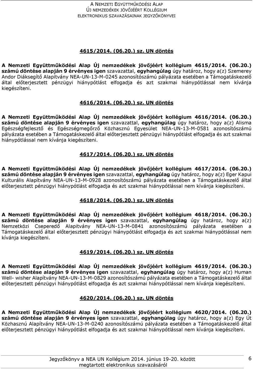 ) sz. UN döntés A Nemzeti Együttműködési Alap Új nemzedékek jövőjéért kollégium 4616/2014.