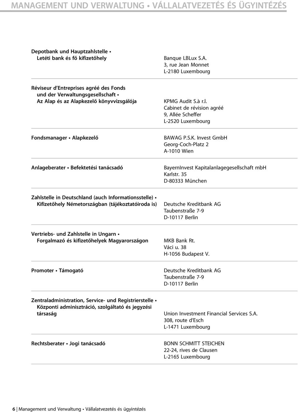 Invest GmbH Georg-Coch-Platz 2 A-1010 Wien Anlageberater Befektetési tanácsadó BayernInvest Kapitalanlagegesellschaft mbh Karlstr.