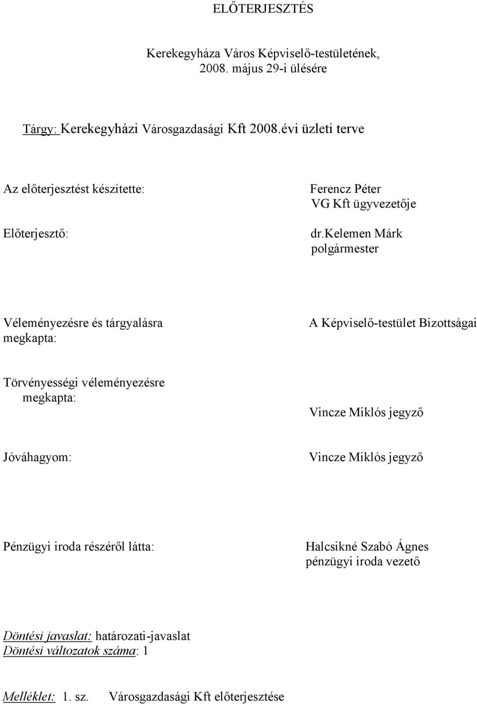 kelemen Márk polgármester Véleményezésre és tárgyalásra megkapta: A Képviselő-testület Bizottságai Törvényességi véleményezésre