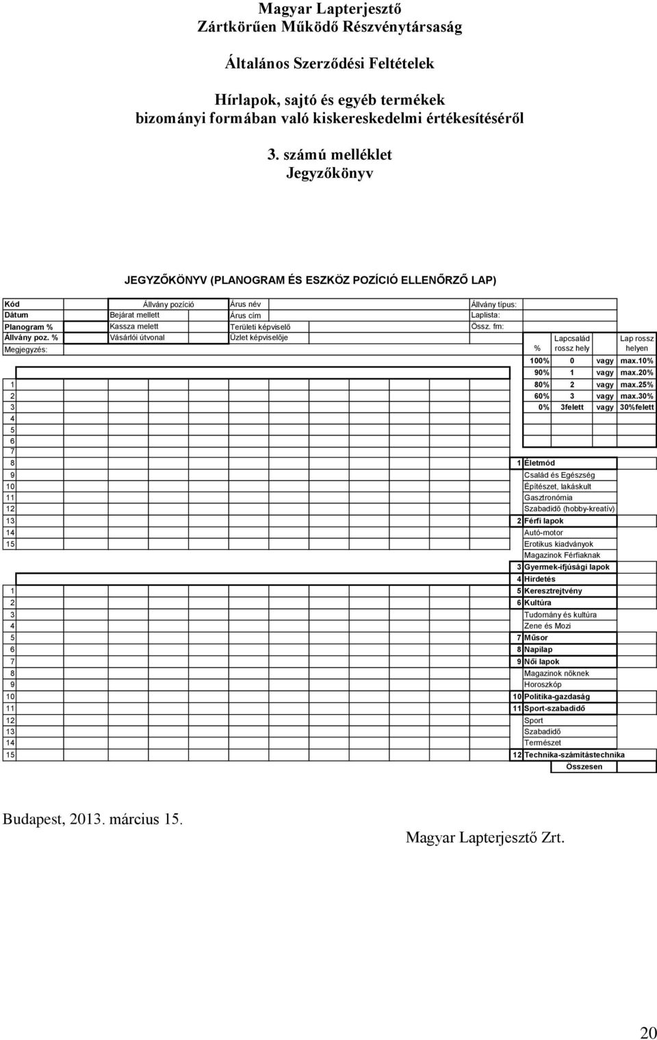 % Vásárlói útvonal Üzlet képviselője Megjegyzés: JEGYZŐKÖNYV (PLANOGRAM ÉS ESZKÖZ POZÍCIÓ ELLENŐRZŐ LAP) 100% 0 vagy max.10% 90% 1 vagy max.20% 1 80% 2 vagy max.25% 2 60% 3 vagy max.