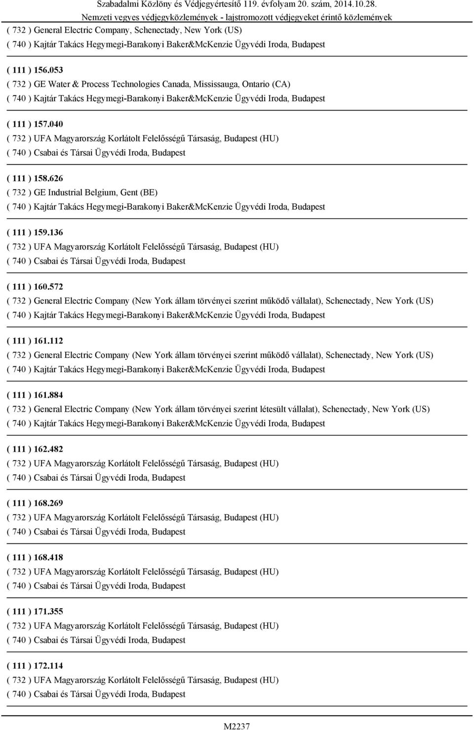 572 ( 732 ) General Electric Company (New York állam törvényei szerint működő vállalat), Schenectady, New York (US) ( 111 ) 161.