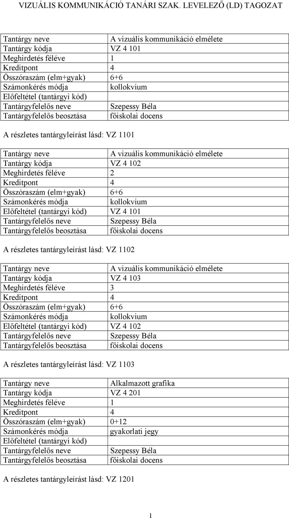 1102 A vizuális kommunikáció elmélete Tantárgy kódja VZ 4 103 Meghirdetés féléve 3 VZ 4 102 A részletes tantárgyleírást