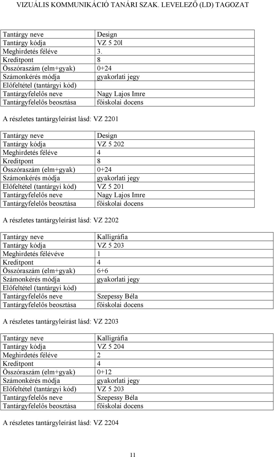 A részletes tantárgyleírást lásd: VZ 2202 Kalligráfia Tantárgy kódja VZ 5 203 Meghirdetés félévéve 1 A