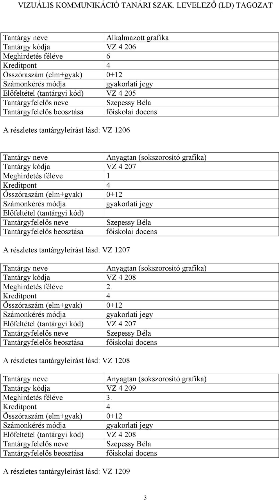 grafika) Tantárgy kódja VZ 4 208 Meghirdetés féléve 2.