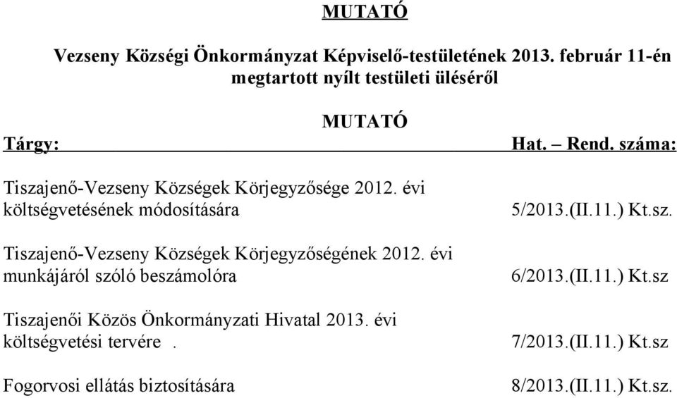 száma: Tiszajenő-Vezseny Községek Körjegyzősége 2012.