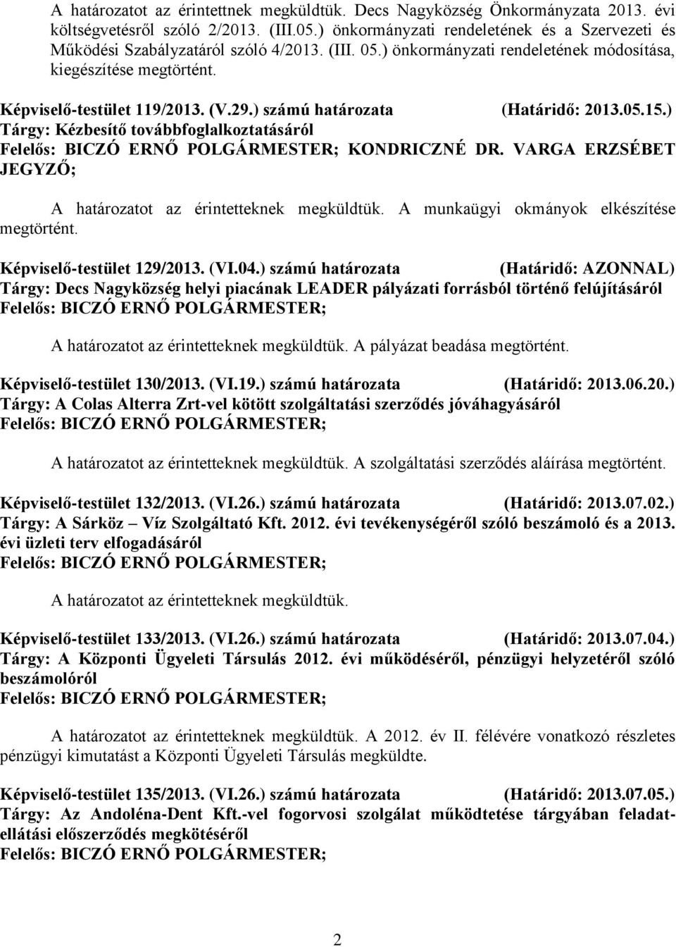 ) számú határozata (Határidő: 2013.05.15.) Tárgy: Kézbesítő továbbfoglalkoztatásáról KONDRICZNÉ DR. VARGA ERZSÉBET JEGYZŐ; A munkaügyi okmányok elkészítése Képviselő-testület 129/2013. (VI.04.