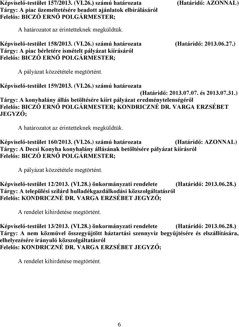 ) Tárgy: A konyhalány állás betöltésére kiírt pályázat eredménytelenségéről KONDRICZNÉ DR. VARGA ERZSÉBET JEGYZŐ; Képviselő-testület 160/2013. (VI.26.