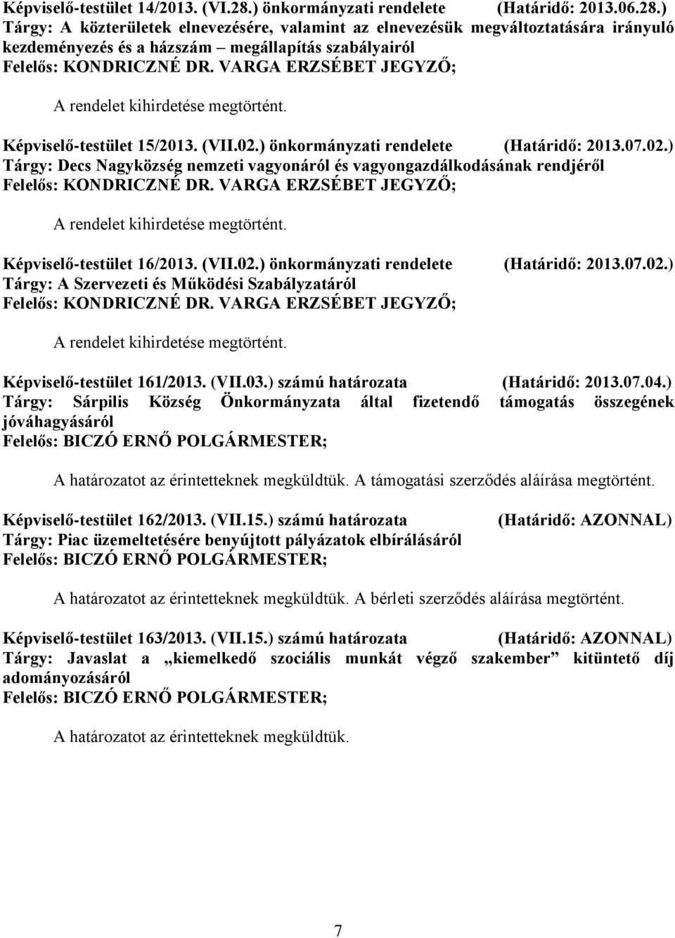 ) Tárgy: A közterületek elnevezésére, valamint az elnevezésük megváltoztatására irányuló kezdeményezés és a házszám megállapítás szabályairól Képviselő-testület 15/2013. (VII.02.