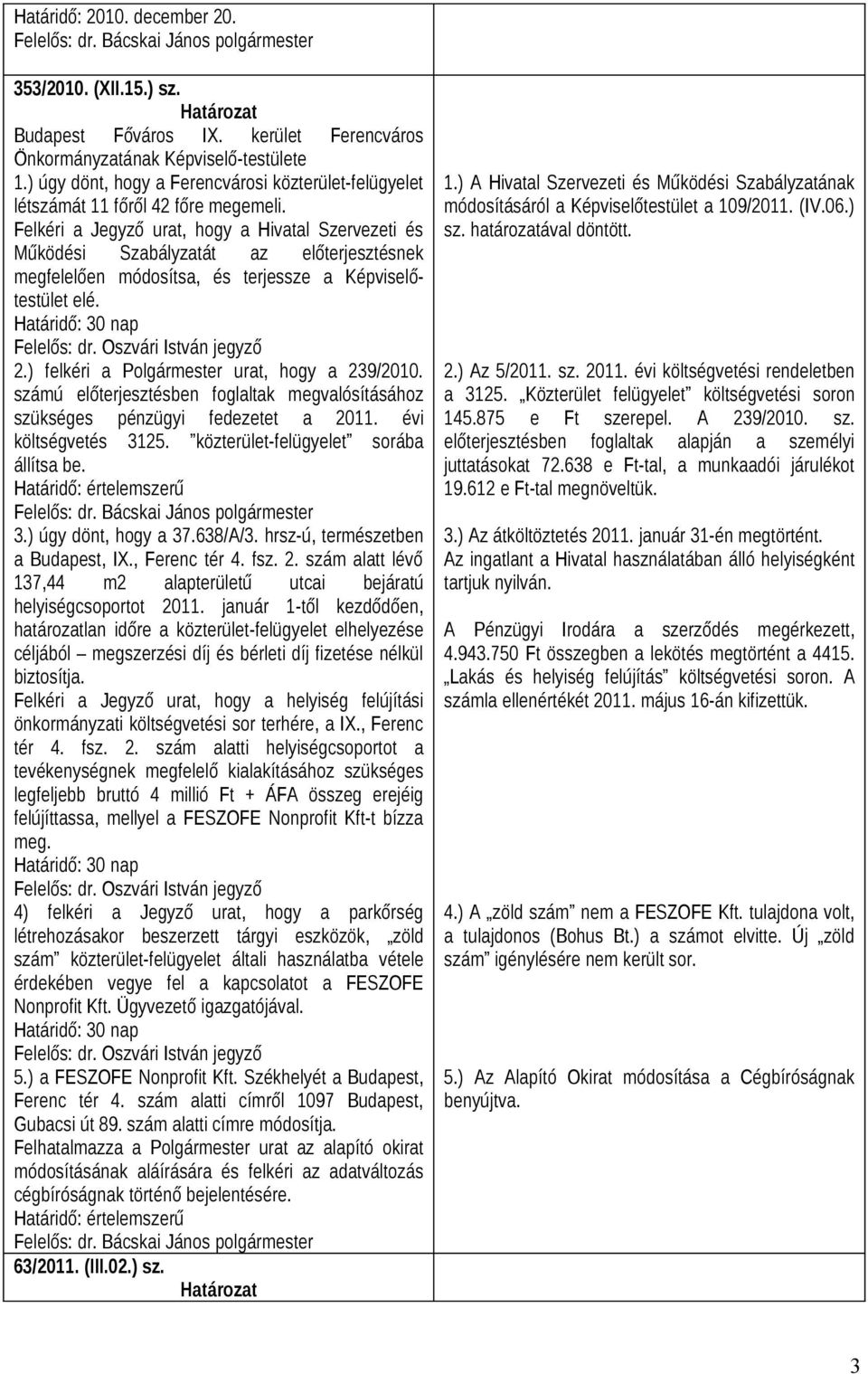 Oszvári István jegyző 2.) felkéri a Polgármester urat, hogy a 239/2010. számú előterjesztésben foglaltak megvalósításához szükséges pénzügyi fedezetet a 2011. évi költségvetés 3125.