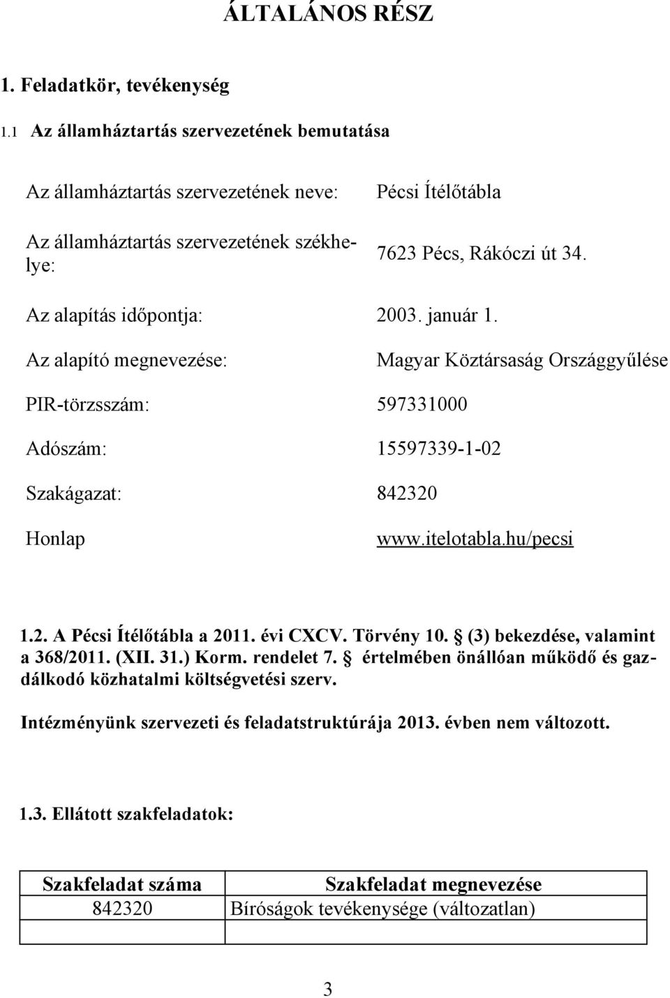 január 1. Az alapító megnevezése: Magyar Köztársaság Országgyűlése PIR-törzsszám: 597331000 Adószám: 15597339-1-02 Szakágazat: 842320 Honlap www.itelotabla.hu/pecsi 1.2. A Pécsi Ítélőtábla a 2011.