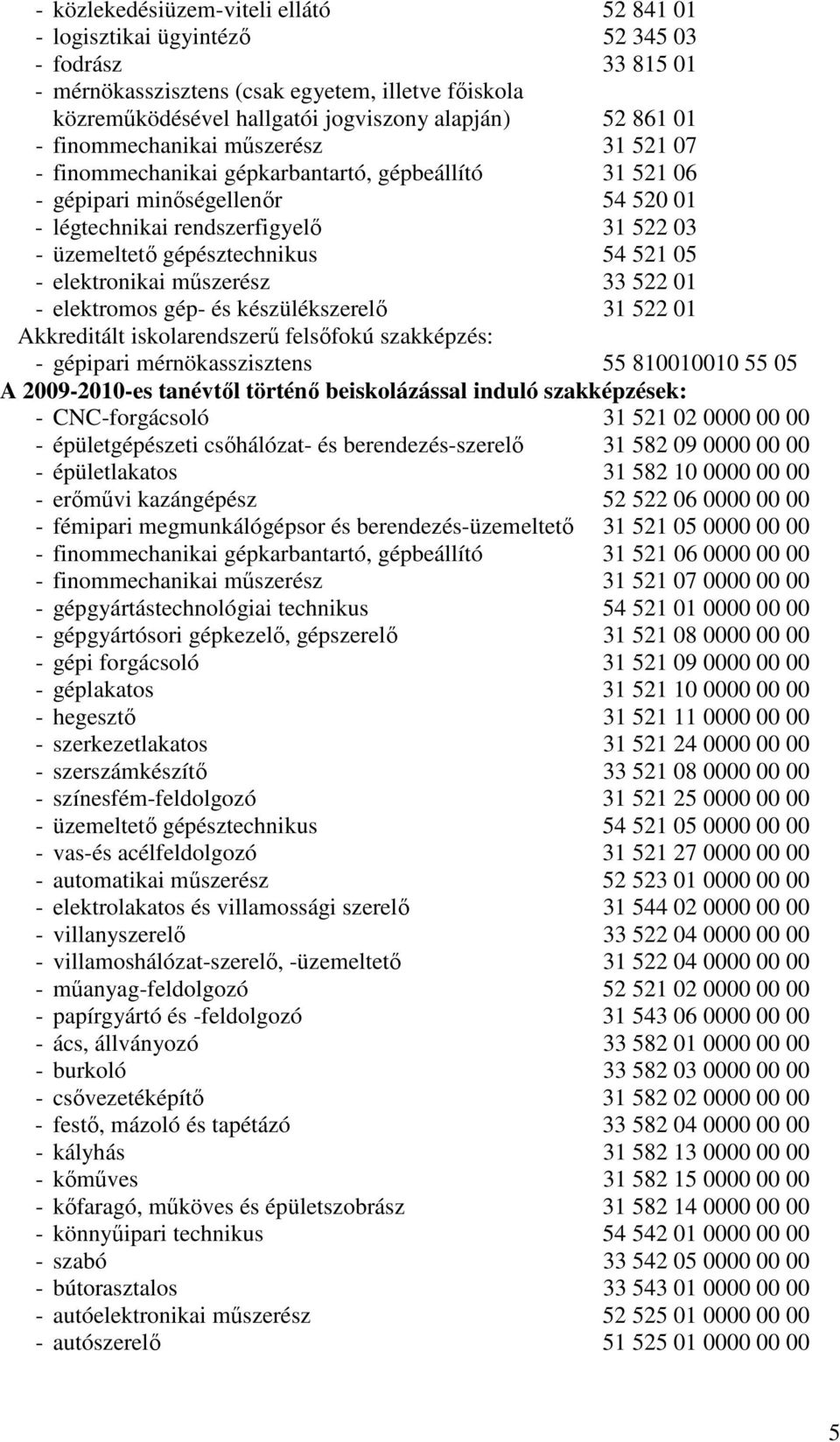 gépésztechnikus 54 521 05 - elektronikai mőszerész 33 522 01 - elektromos gép- és készülékszerelı 31 522 01 Akkreditált iskolarendszerő felsıfokú szakképzés: - gépipari mérnökasszisztens 55 810010010