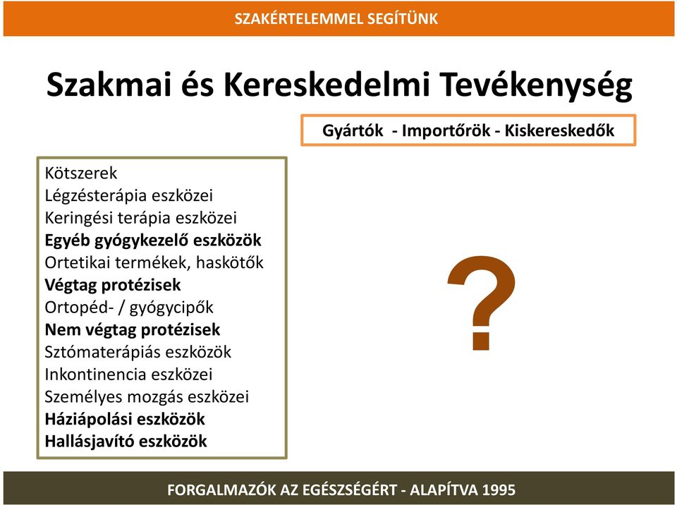 termékek, haskötők Végtag protézisek Ortopéd-/ gyógycipők Nem végtag protézisek
