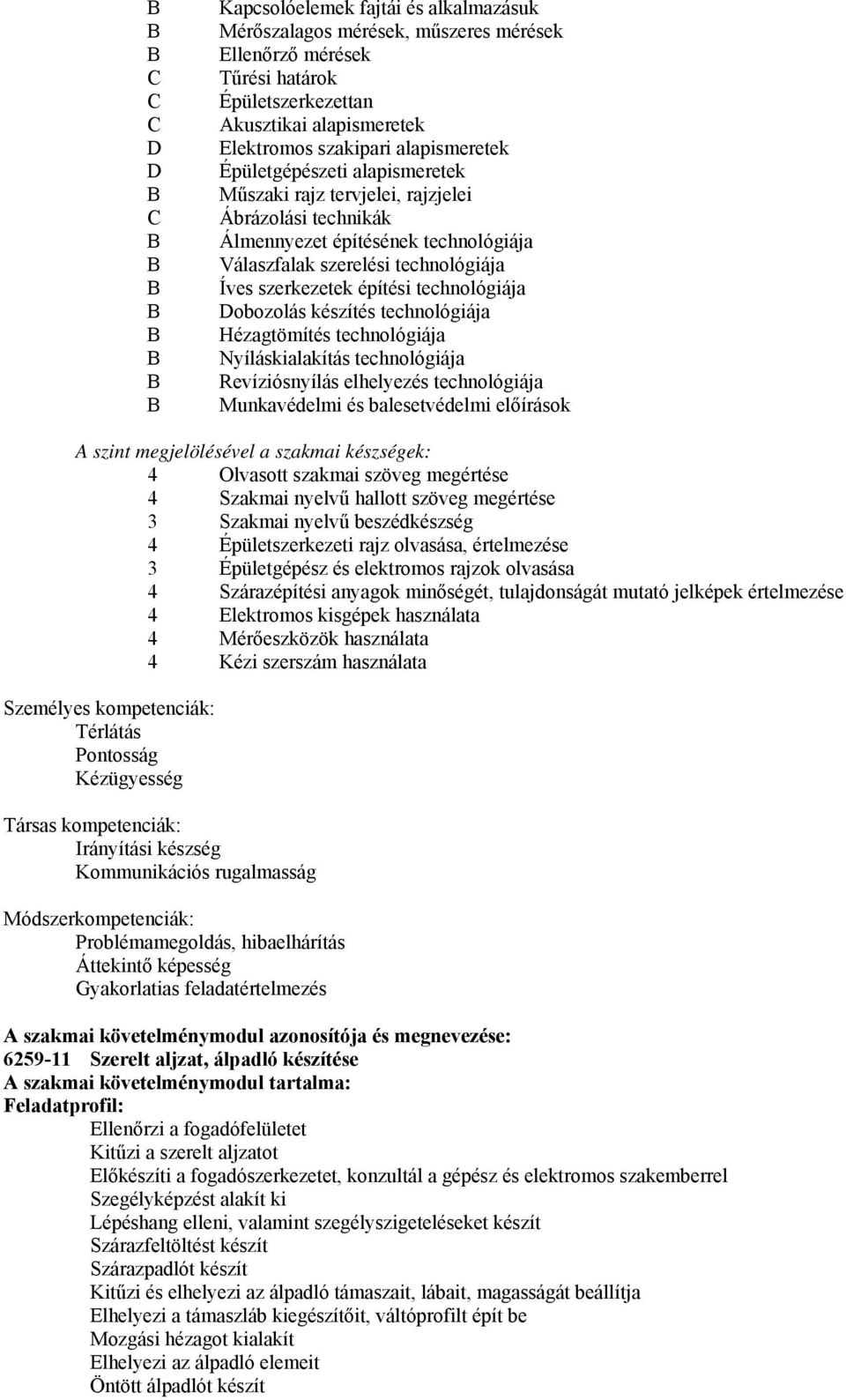 technológiája Dobozolás készítés technológiája Hézagtömítés technológiája Nyíláskialakítás technológiája Revíziósnyílás elhelyezés technológiája Munkavédelmi és balesetvédelmi előírások A szint