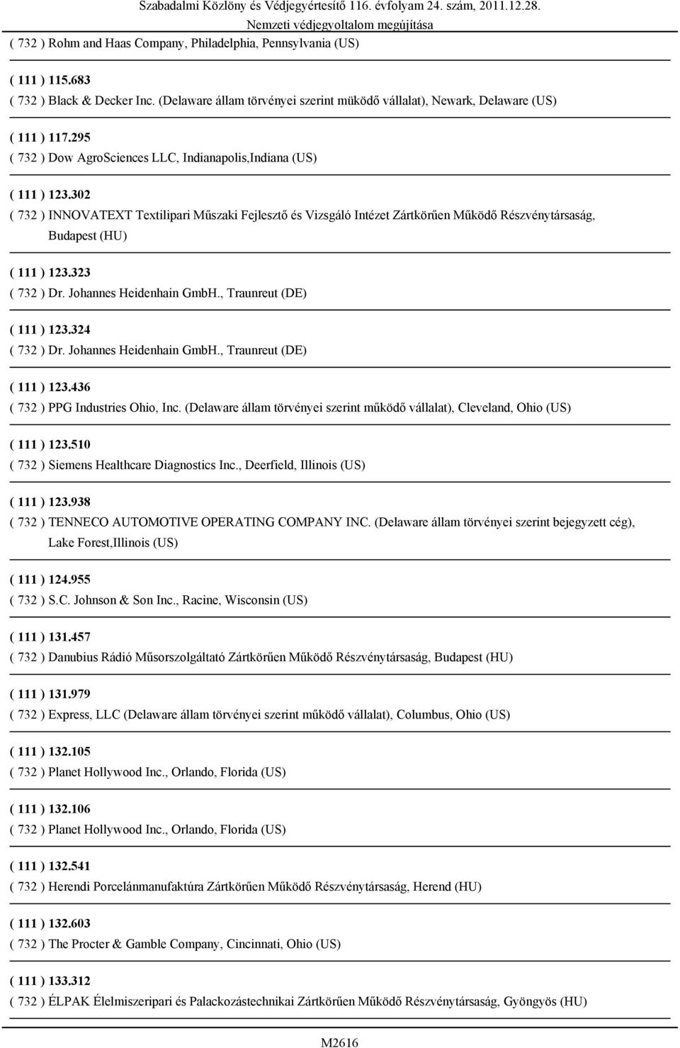 302 ( 732 ) INNOVATEXT Textilipari Műszaki Fejlesztő és Vizsgáló Intézet Zártkörűen Működő Részvénytársaság, Budapest (HU) ( 111 ) 123.323 ( 732 ) Dr. Johannes Heidenhain GmbH.